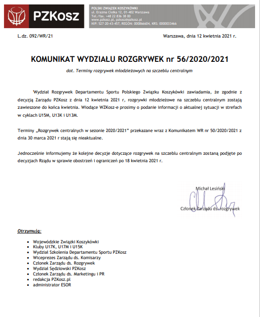 Komunikat PZKosz. Rozgrywki młodzieżowe wstrzymane do 30 kwietnia br. — zdjęcie 1