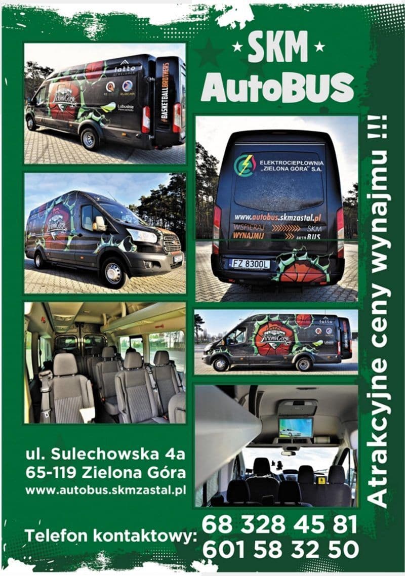 Ulotka SKM autoBUS: bus w barwach klubu, tył z napisem wynajmij, fotele i ekran DVD.